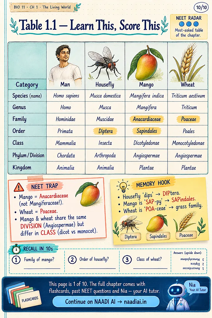 Biology, The Living World: Table 1.1 of man, housefly, mango and wheat